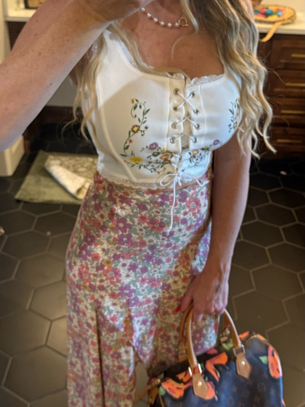 Cottagecore Floral Midi Skirt + Lace-Up Corset Top Outfit 🌸